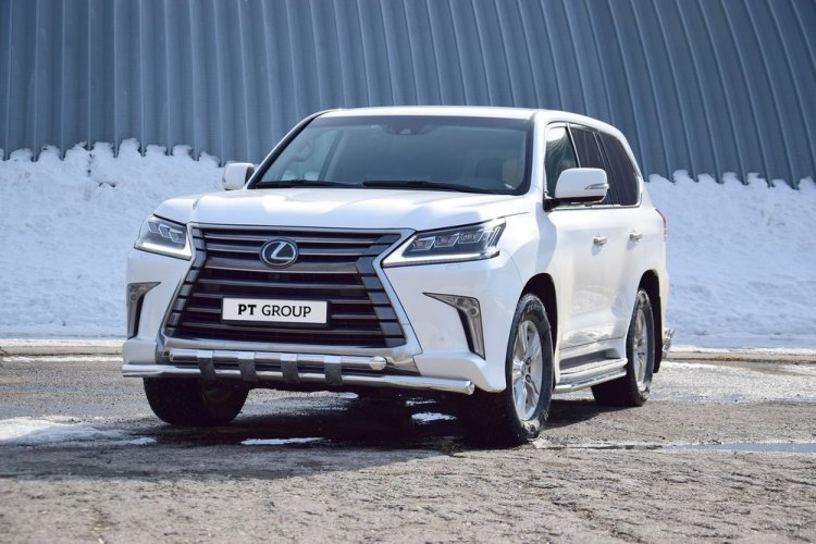 Защита переднего бампера двойная с пластинами 63/63мм (НПС) LEXUS 450D с 2015 PT Group